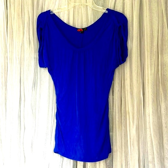 ⭐️ Forever 21 royal blue v-neck waterfall ruched tunic short roll tab sleeves S - Picture 1 of 11